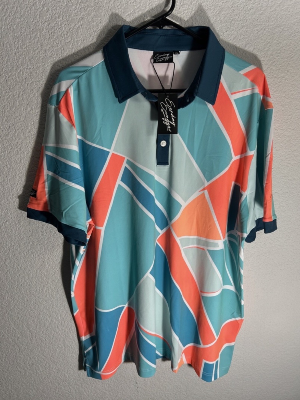 Sunday Swagger Men’s Polo Golf Shirt Blue Teal Green Orange Geometric XL - NWT